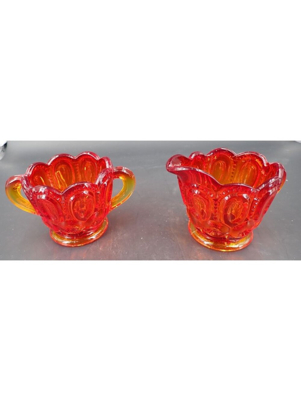 Amberina with Manganese Blue Light Glow Cream & Sugar Depression Glass